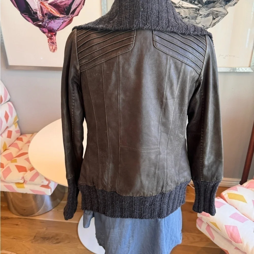 Mackage brown leather jacket size M with big buttons and zipper and knit accents